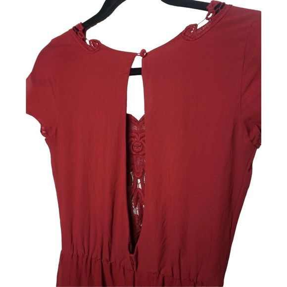 Dress The Population Red Flowy Long Maxi Dress Short Sleeve Lace Sz XS Women's - Picture 5 of 6
